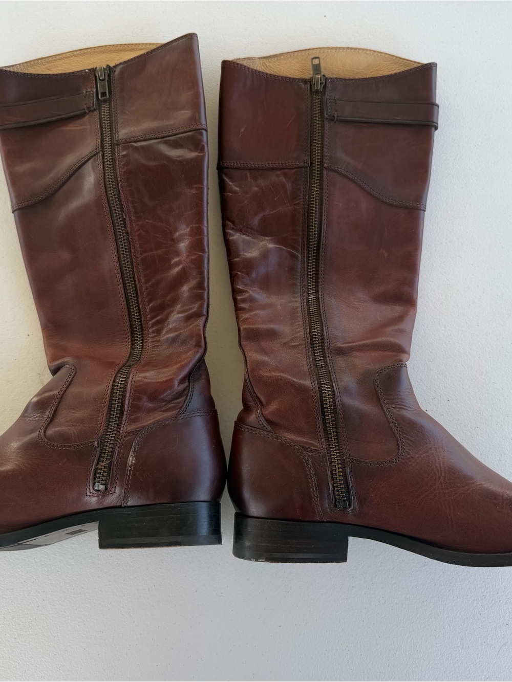 Frye Brown Leather Mid-Calf Zip Heeled Boots